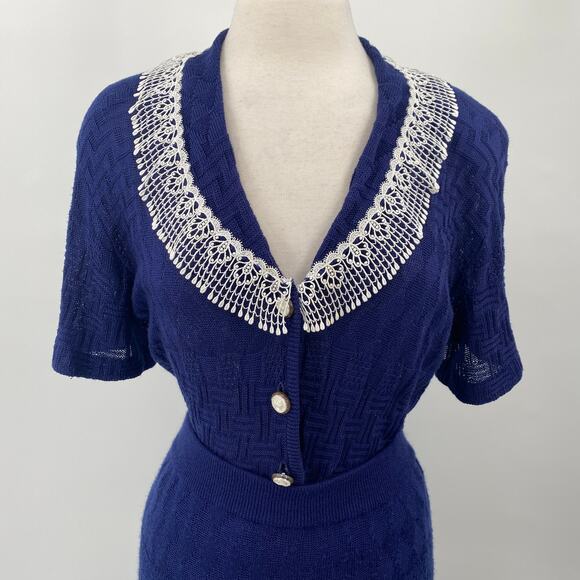 Vintage 2 Piece Skirt Set Crochet Knit Lace Trim Button Front Navy Blue XS/Small - Picture 6 of 12